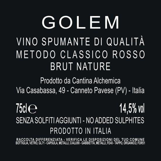 GOLEM Rosso Spumante Alchemico Cantina Alchemica Giorgio Mercandelli Artefici